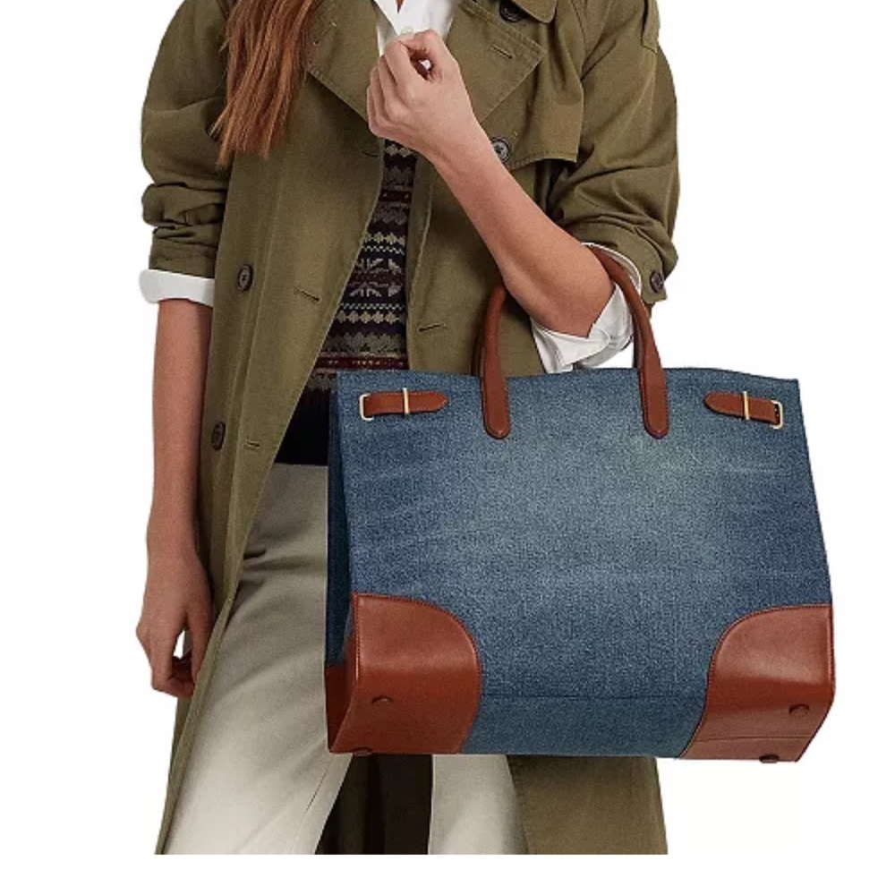 NWT Polo by Ralph Lauren Blue and Brown Denim Tote Bag